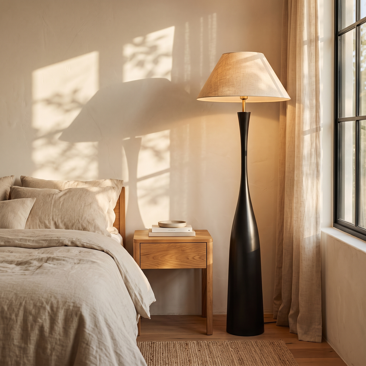 Morella black floor lamp with 21.7 inch shade beside a linen-dressed bed