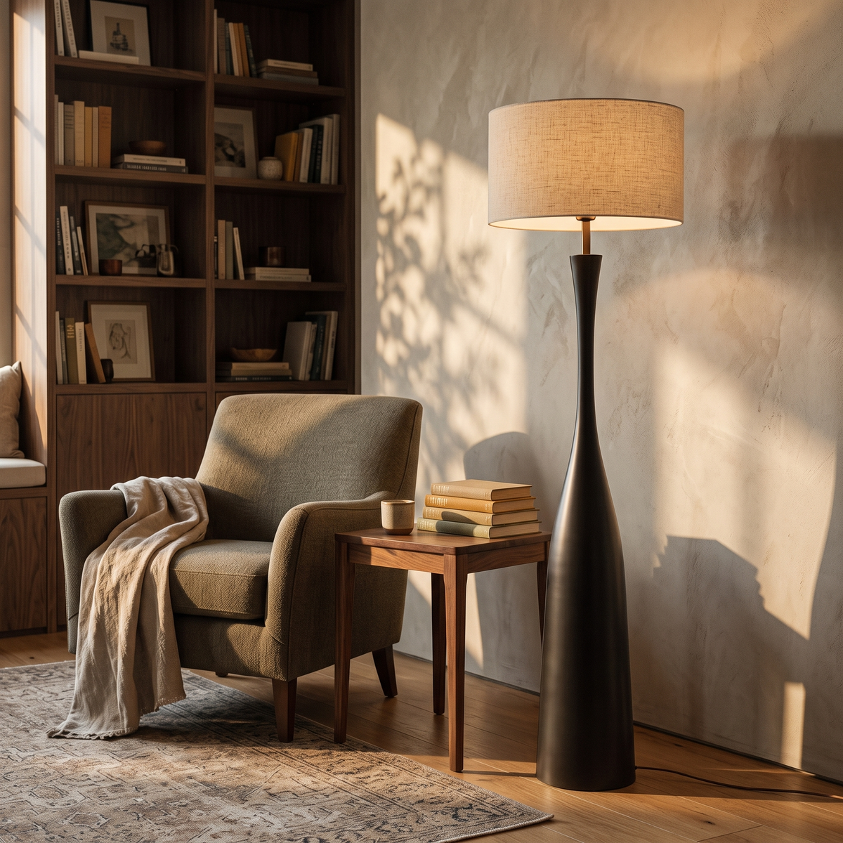 Morella black floor lamp with 17.3 inch shade beside a reading chair