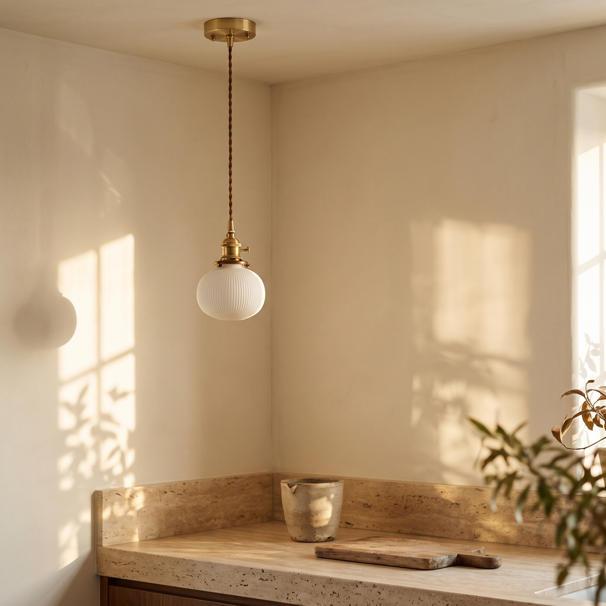 Bellora Globe ceramic pendant light above a travertine kitchen counter