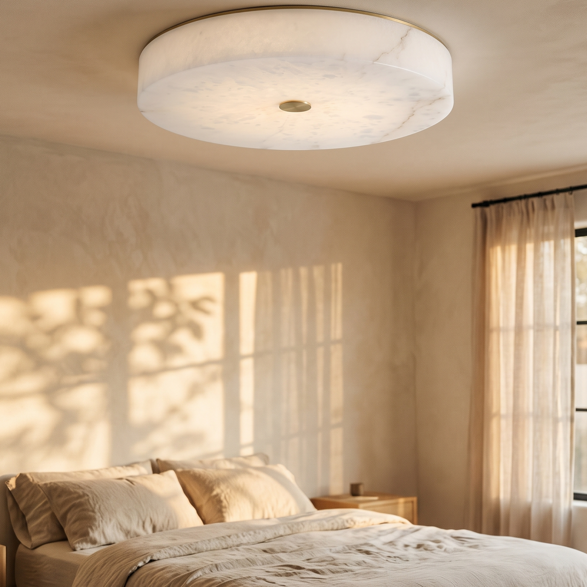 Lunetta scagliola flush ceiling light in a low-ceilinged bedroom