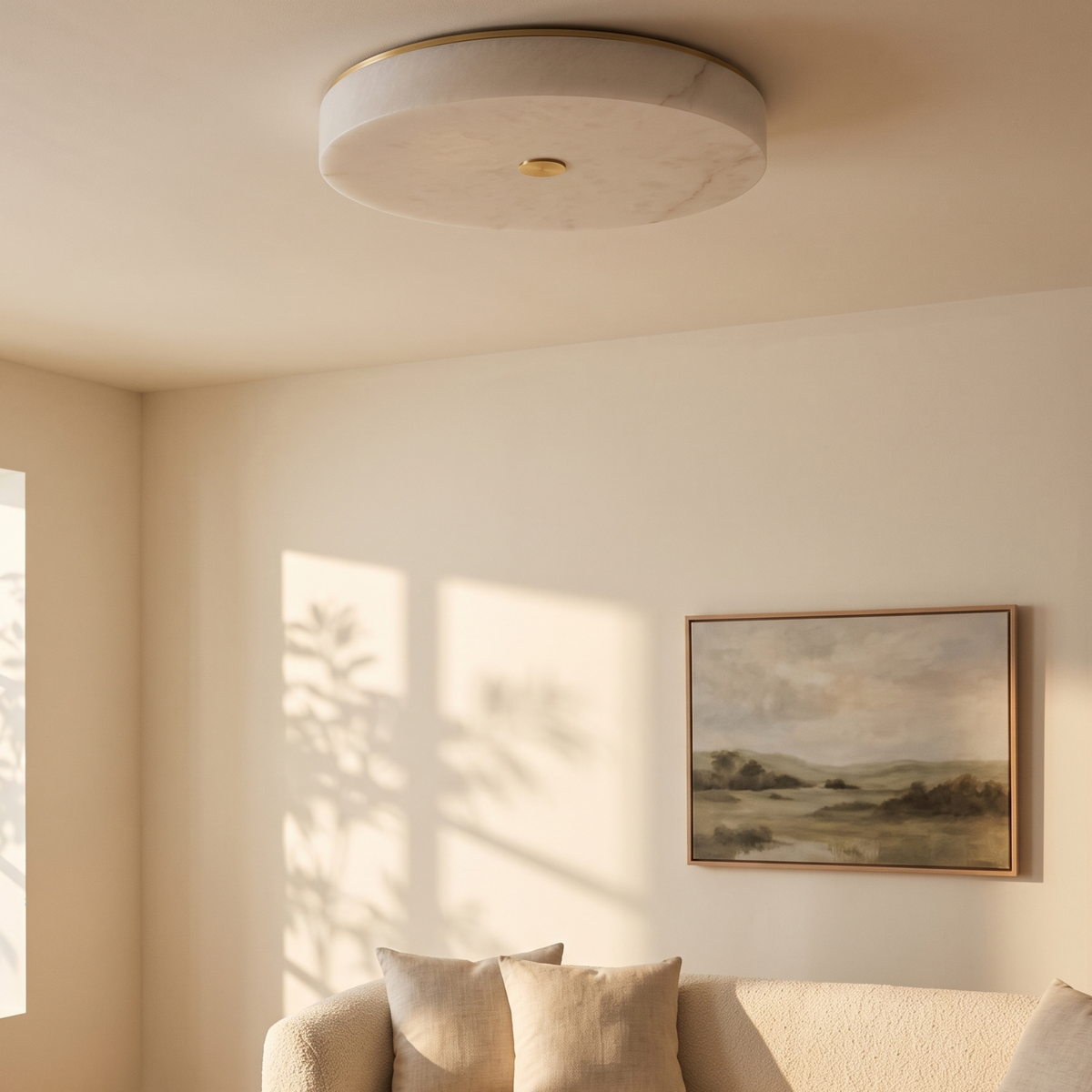 Lunetta scagliola flush ceiling light in a living room above a boucle sofa