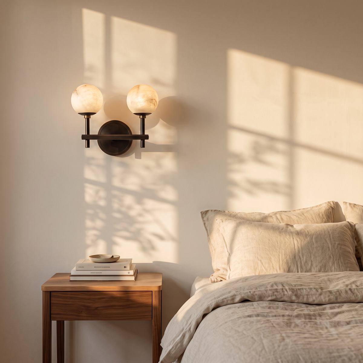 Orbella Twin with 3.9 in marble spheres in black above a linen bedside
