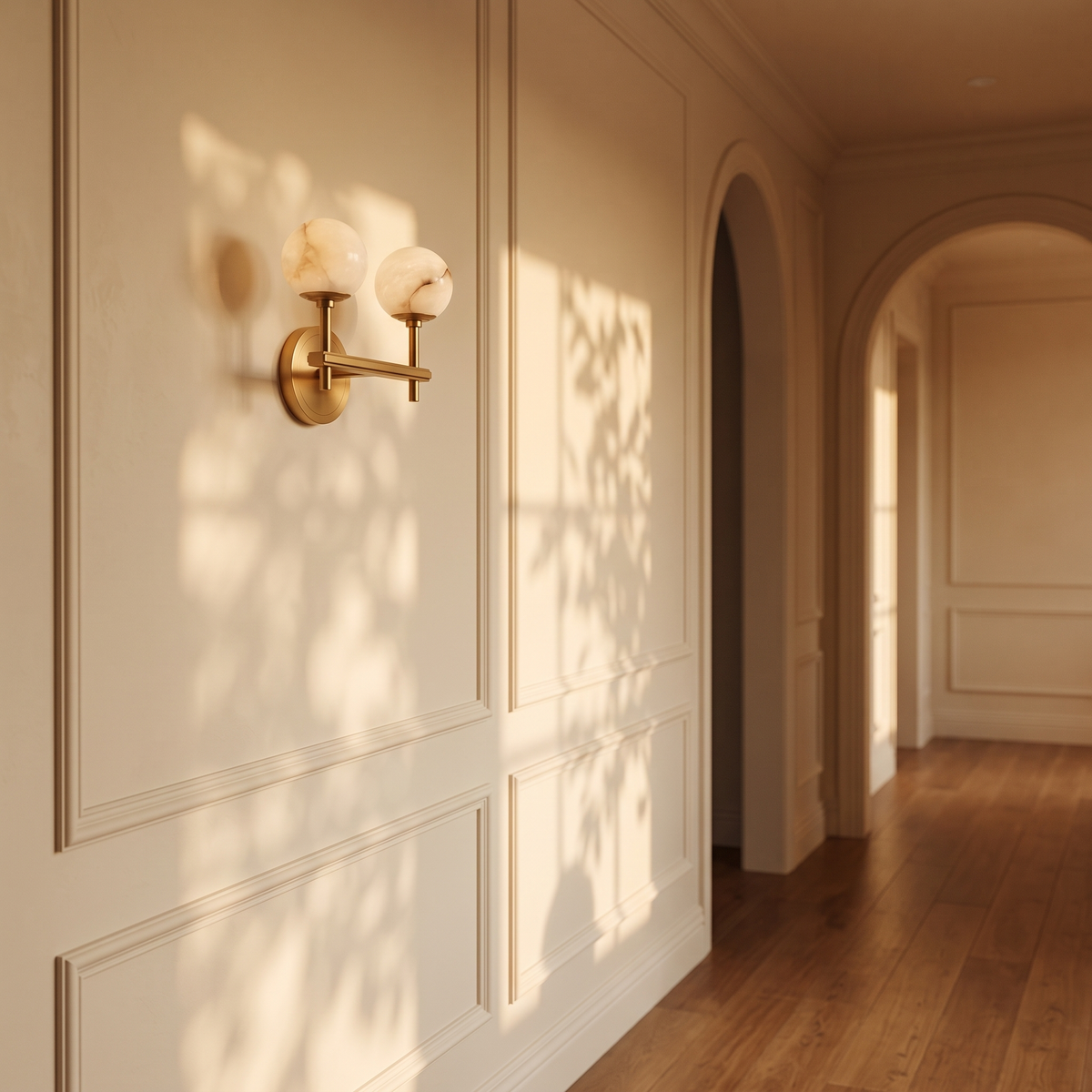Orbella Twin with 3.9 in marble spheres in gold in a panelled hallway