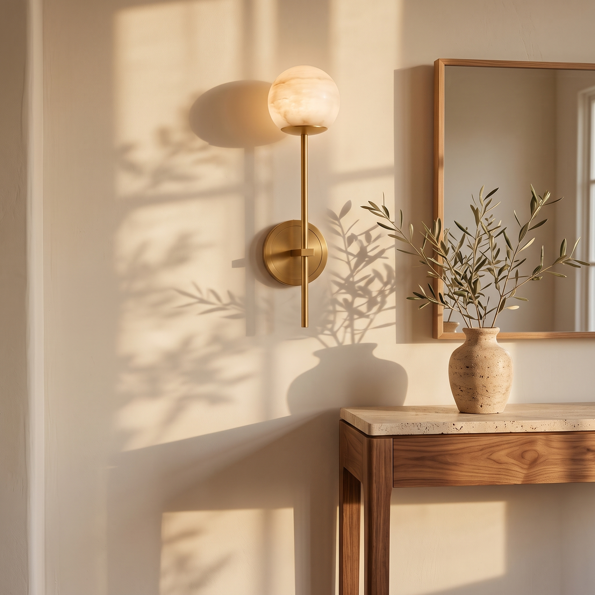 Orbella Long Arm marble sphere wall sconce beside a framed mirror
