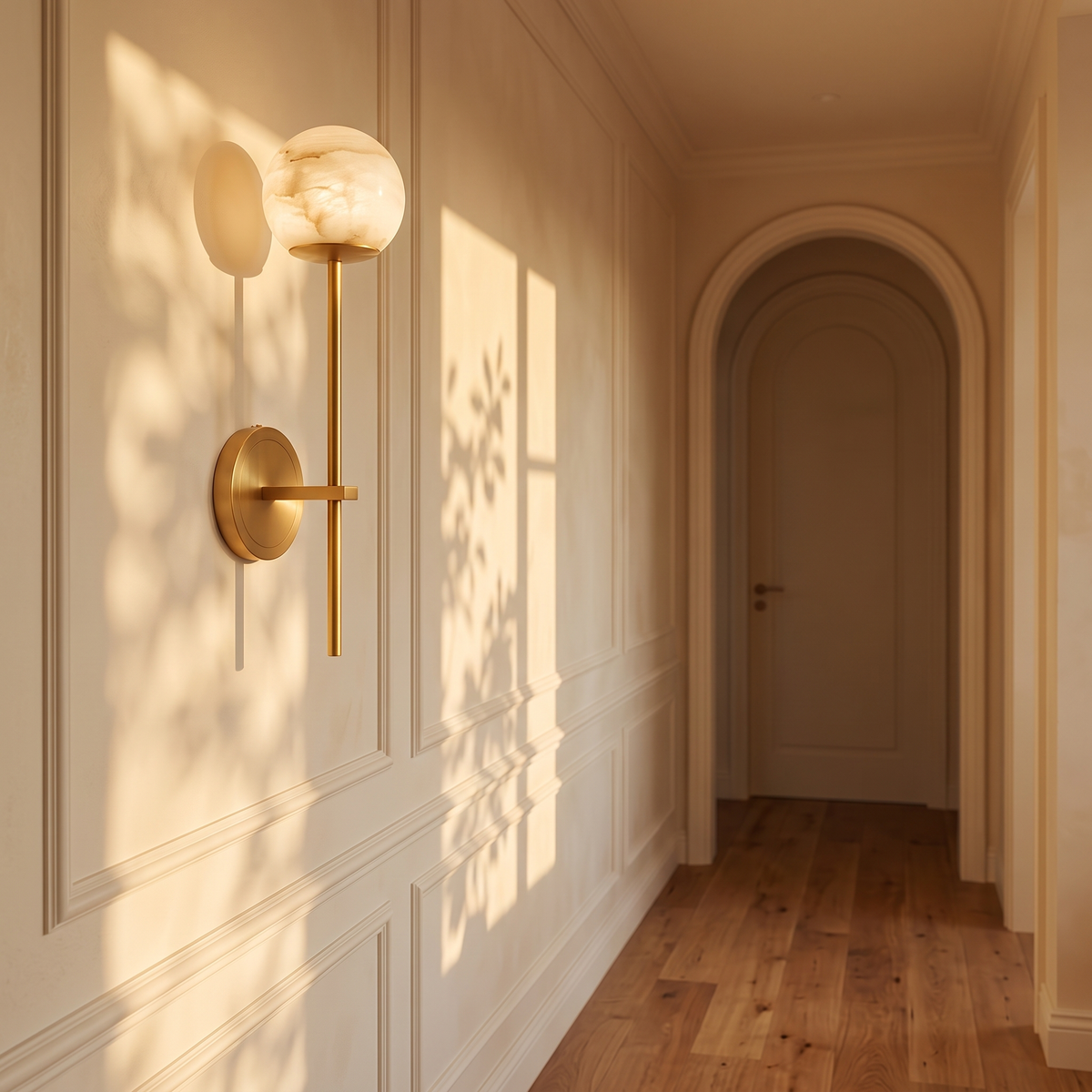 Orbella Long Arm with the 5.1 in marble sphere in gold in a narrow hallway