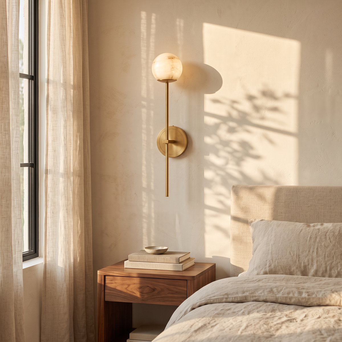 Orbella Long Arm marble sphere wall sconce above a bedside