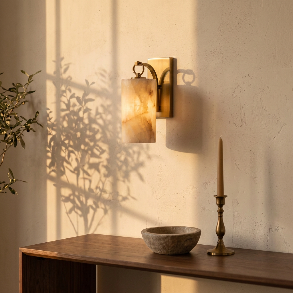 Tessara Lantern wall sconce in copper on leaf shadowed plaster