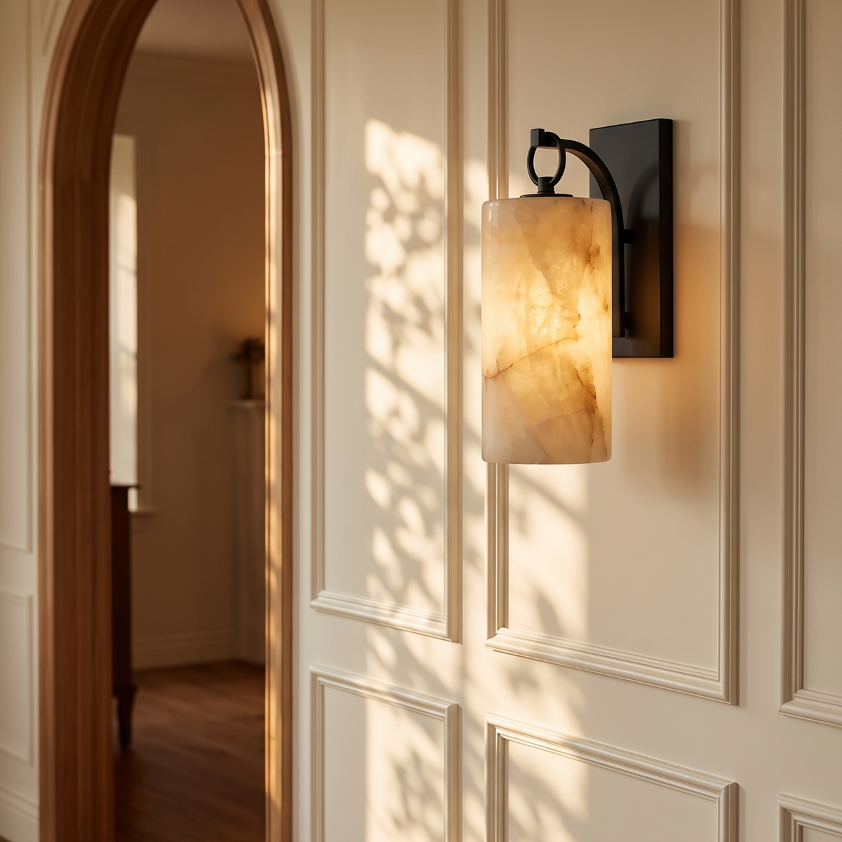 Tessara Lantern wall sconce in black on a wainscoted wall beside an arched doorway