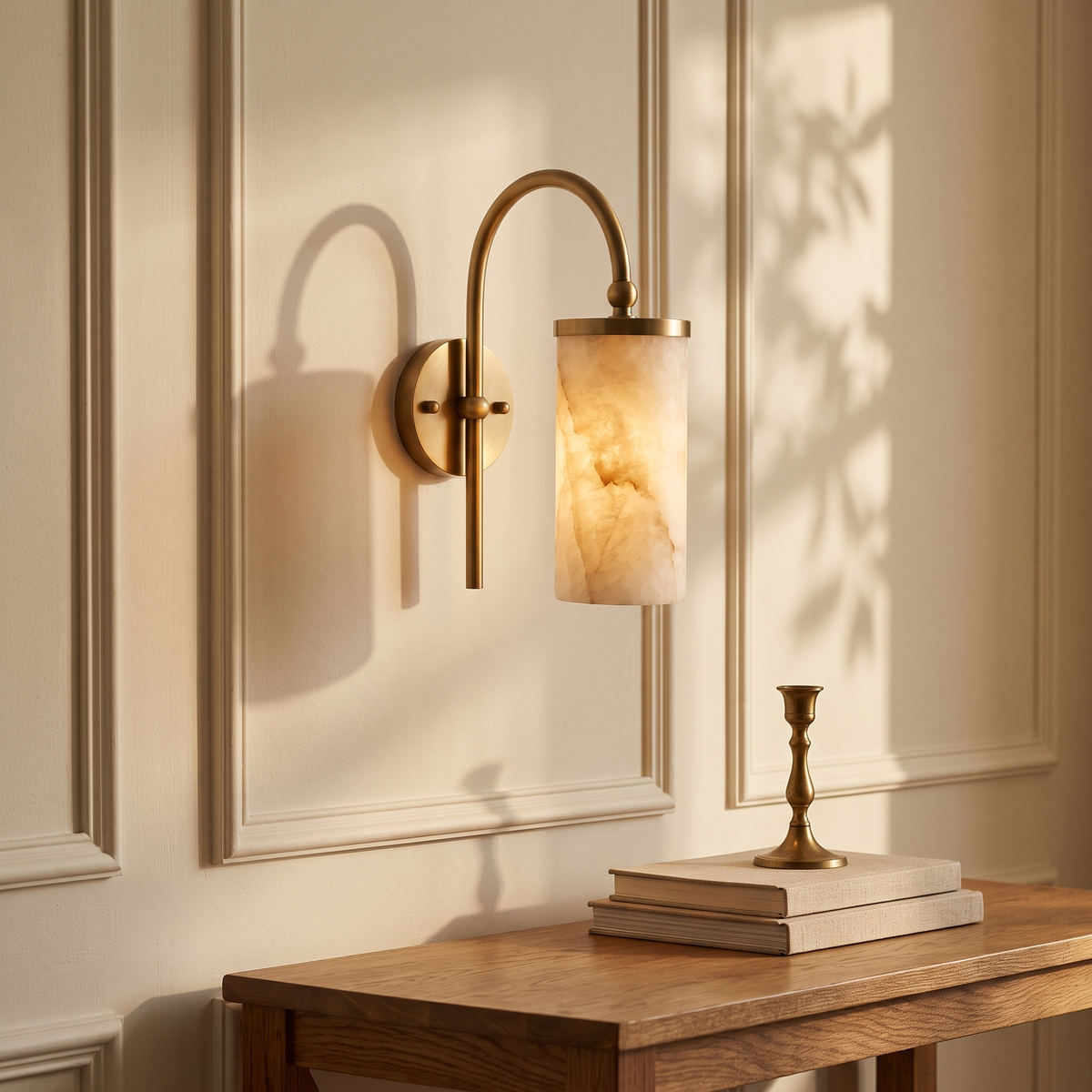 Tessara Arch gooseneck marble wall sconce in copper in an entryway above an oak console