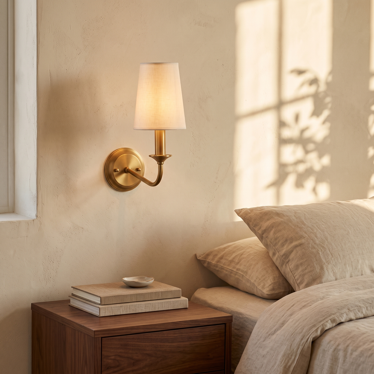 Brienne brass wall light beside a linen bed and walnut nightstand