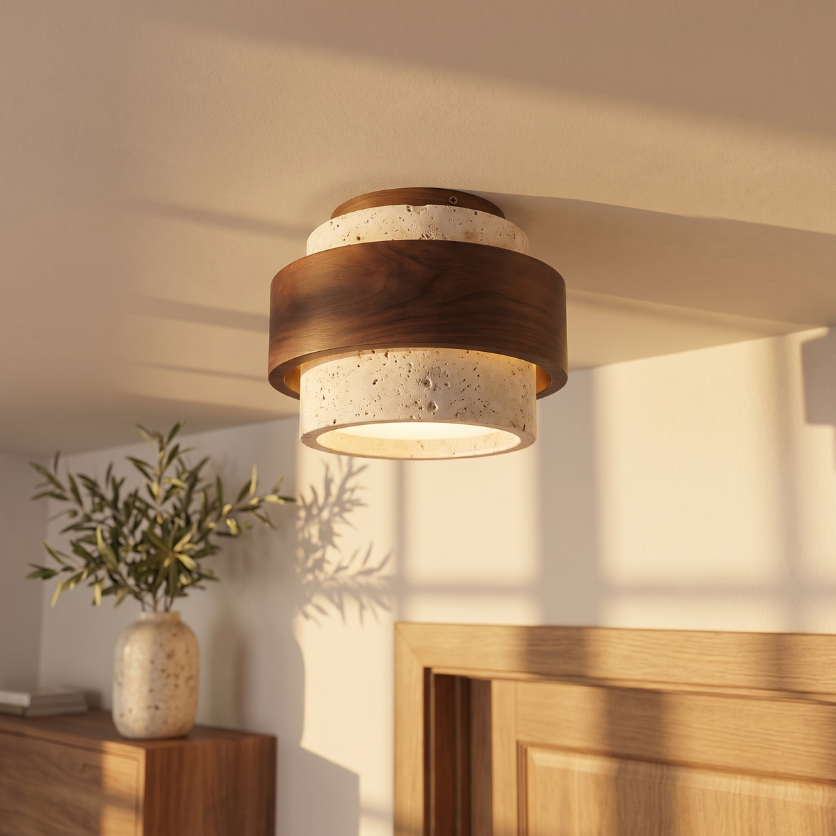 Elin travertine and walnut flush mount ceiling light shown at a low oblique angle, dark walnut band above pale travertine and a glowing diffuser