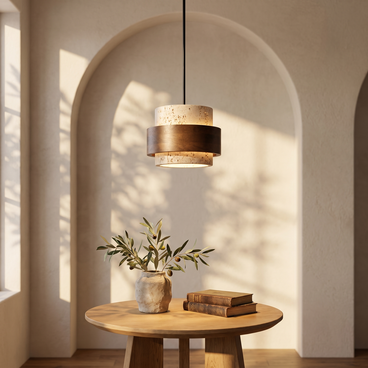Juno travertine and walnut pendant light hanging over a round oak breakfast table in a plaster arched niche