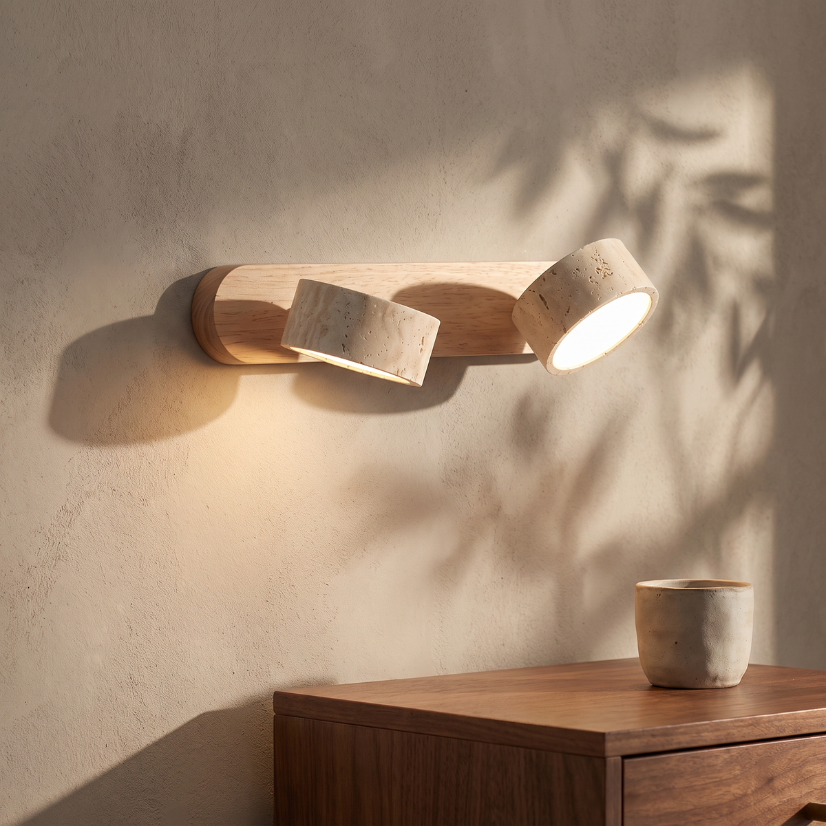 Della travertine and oak wall lamp lit on a plaster wall with both heads rotated, above a walnut nightstand
