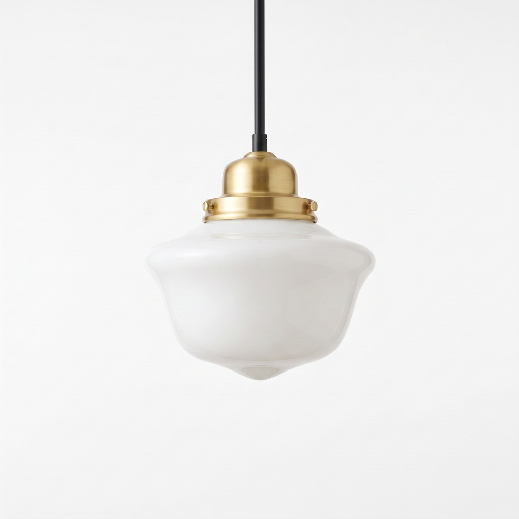 Vika Rounded milk glass schoolhouse pendant light on a brass fitting, on a white studio background