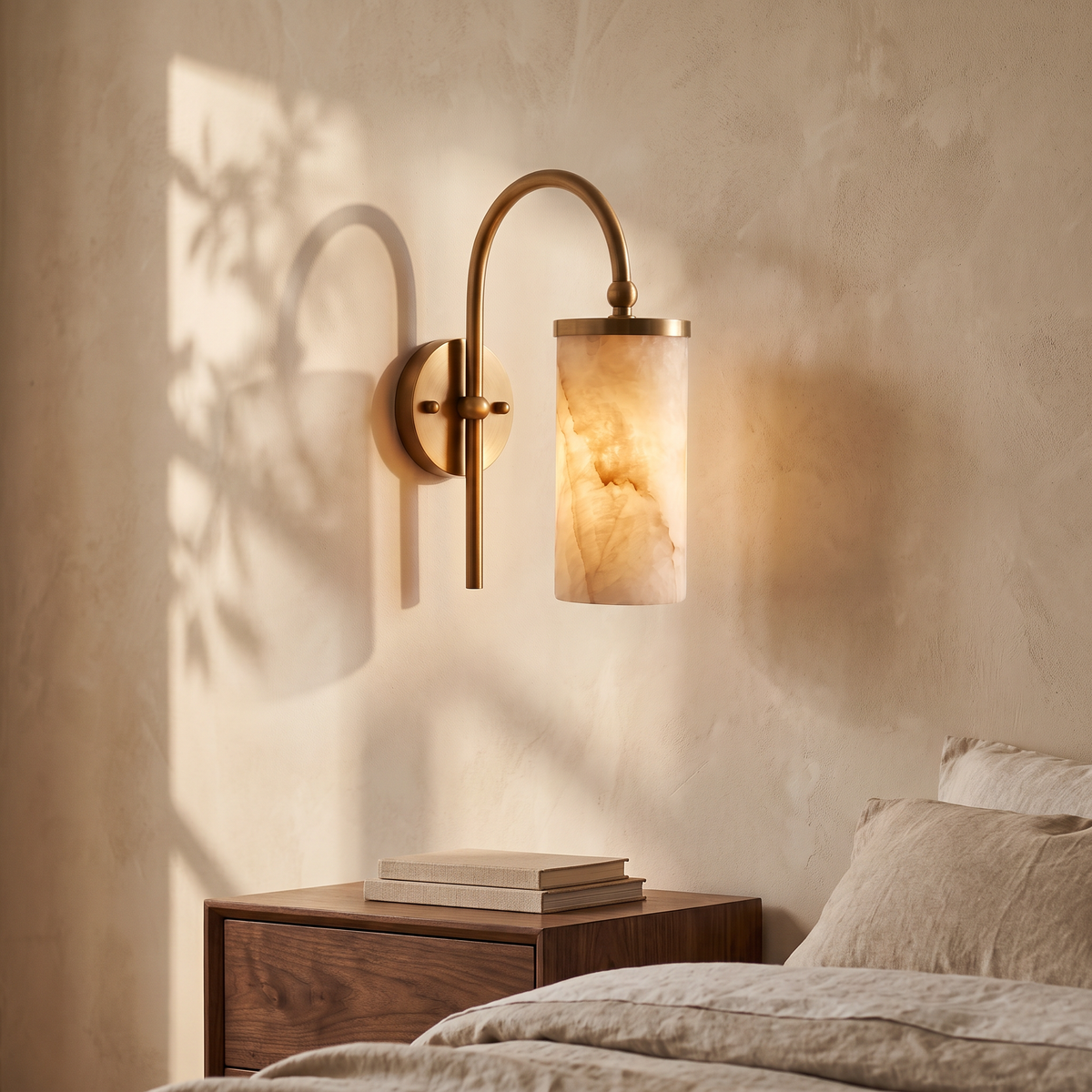 Tessara Arch wall sconce in copper above a walnut bedside table