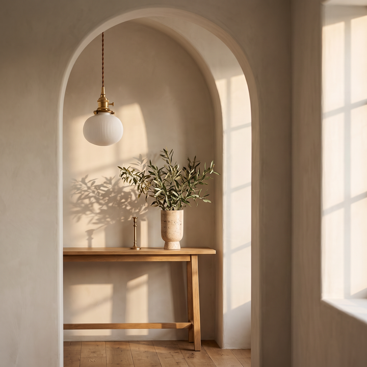 Bellora Globe pendant light in an arched hallway niche above an oak console