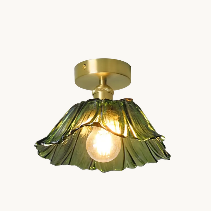 Fiorella Flush Mount petal glass ceiling light in leaf green on a pure white background