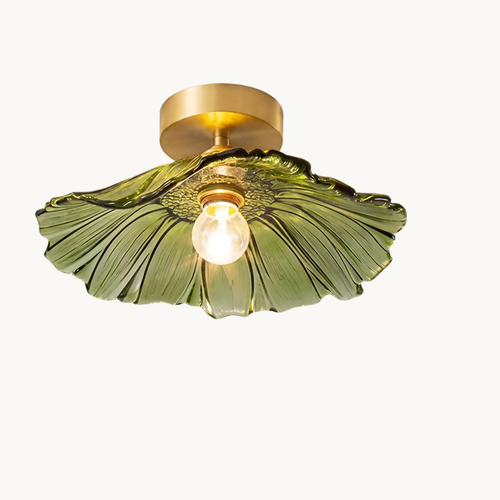 Ninfea Flush Mount lotus leaf glass ceiling light in green on a pure white background