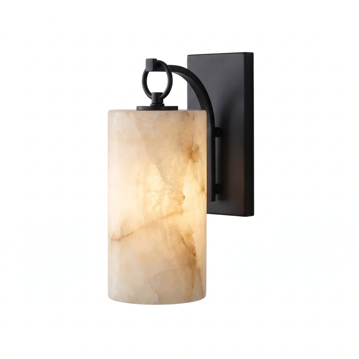 Tessara Lantern marble wall sconce in black on a plain white studio background