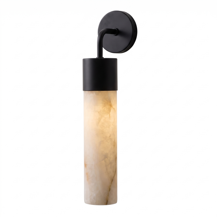 Tessara Long Tube marble wall sconce in black on a plain white studio background
