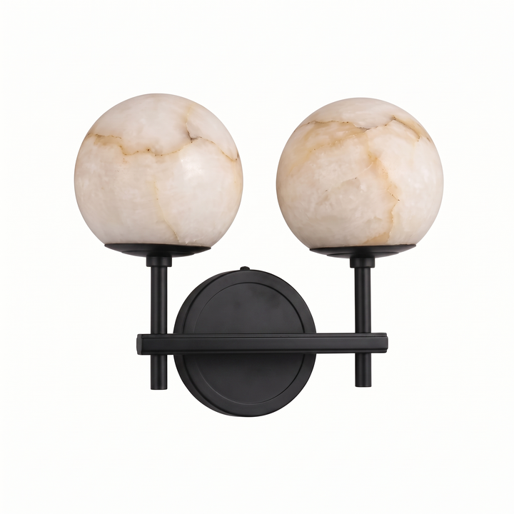 Orbella Twin double marble sphere wall sconce in black on a pure white studio background