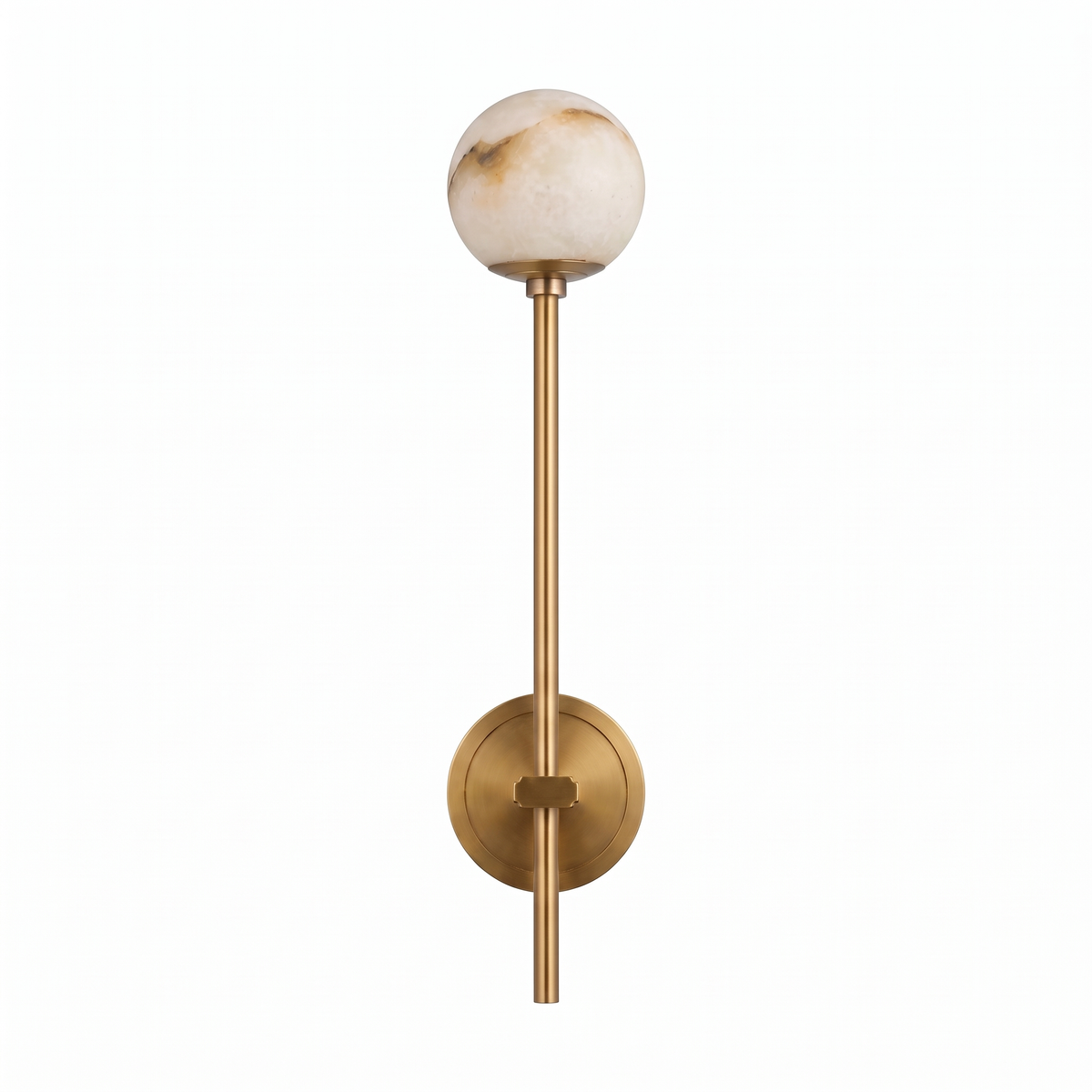 Orbella Long Arm marble sphere wall sconce in gold on a pure white studio background