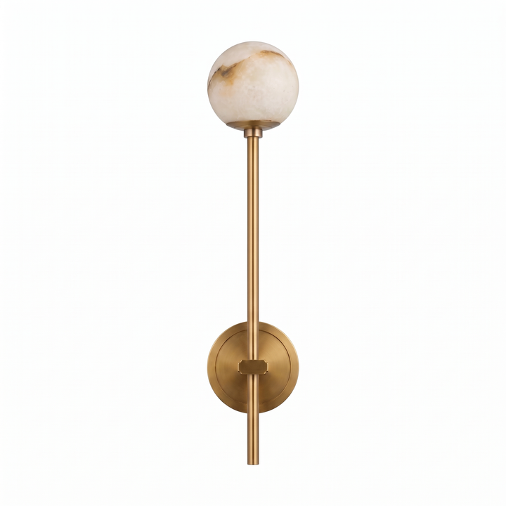 Orbella Long Arm marble sphere wall sconce in gold on a pure white studio background