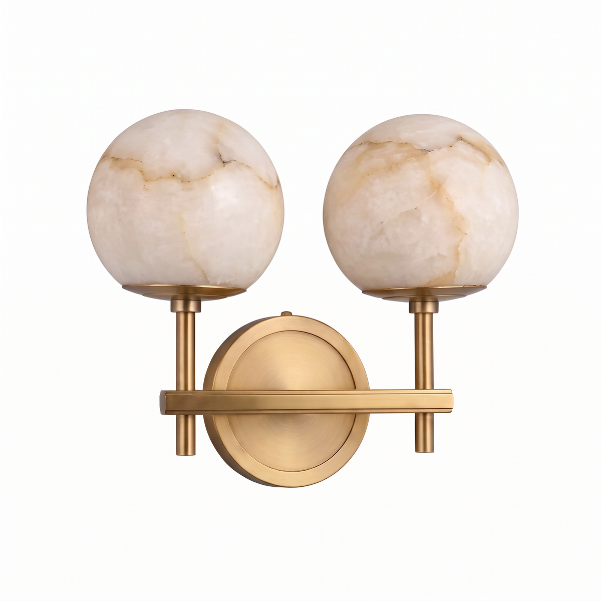Orbella Twin double marble sphere wall sconce in gold on a pure white studio background