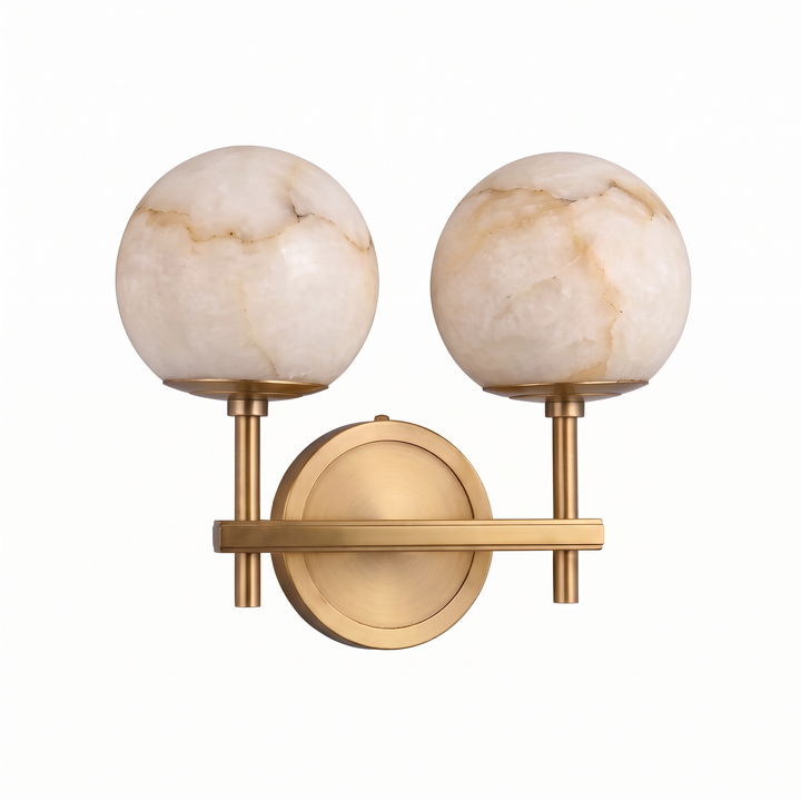 Orbella Twin double marble sphere wall sconce in gold on a pure white studio background