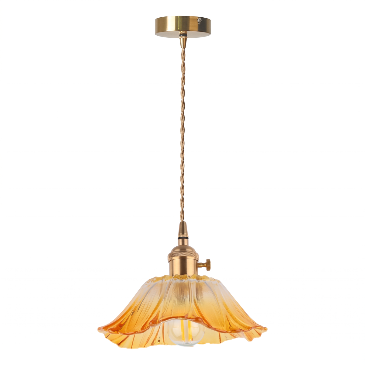 Fiorella Pendant fluted petal glass pendant light in honey amber on a pure white background