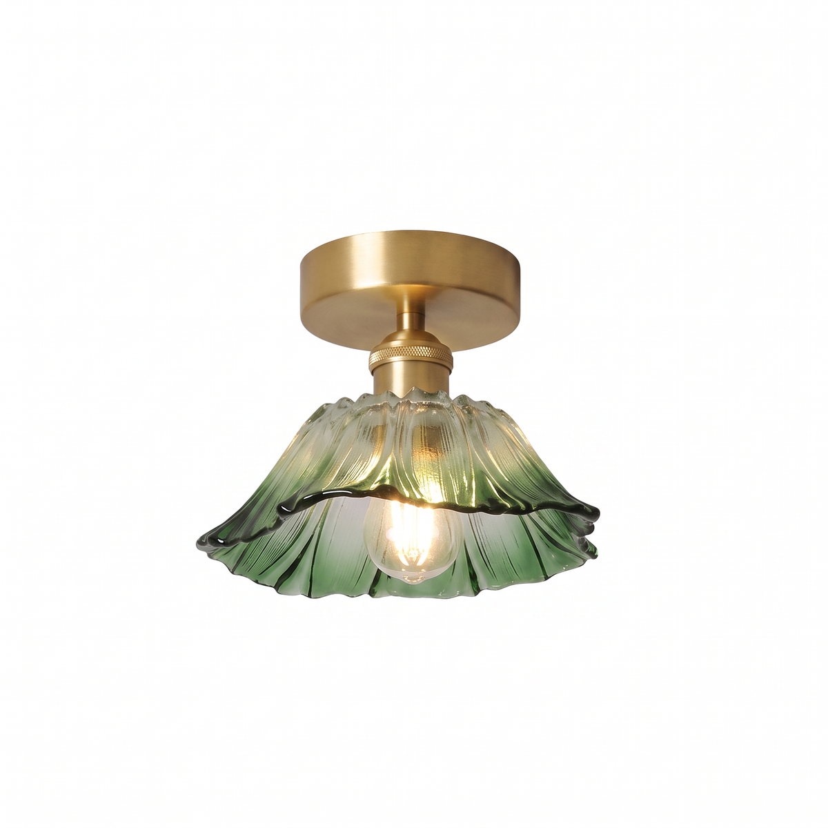Fiorella Flush Mount fluted petal glass ceiling light in leaf green on a pure white background