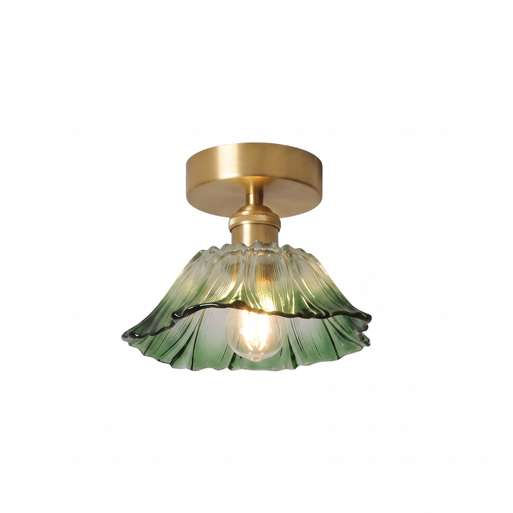Fiorella Flush Mount fluted petal glass ceiling light in leaf green on a pure white background