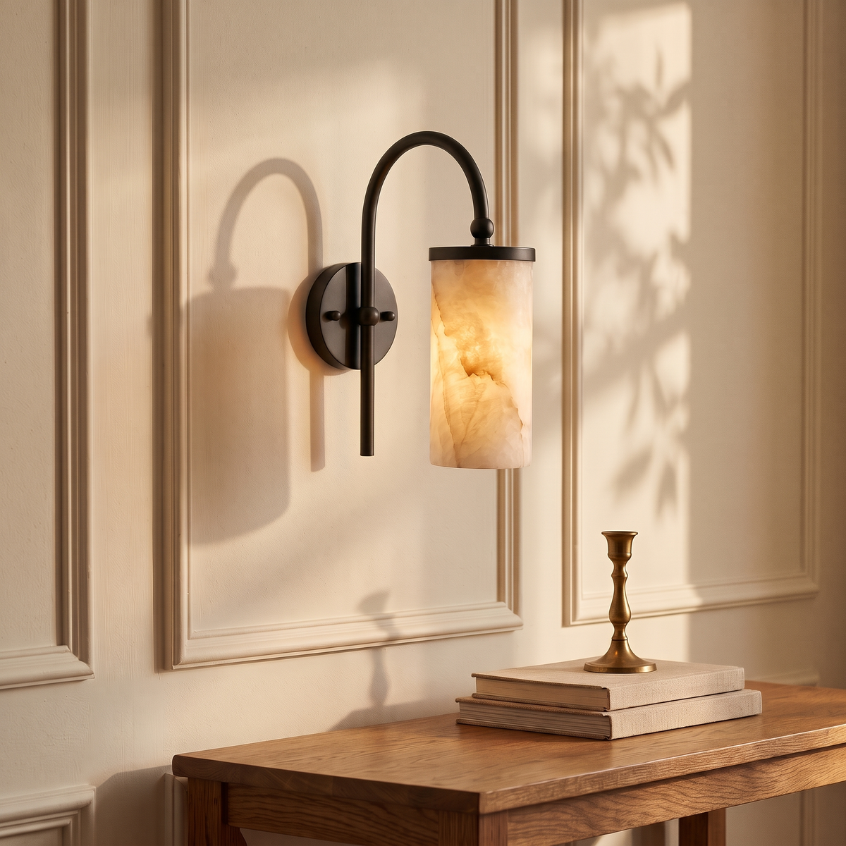 Tessara Arch gooseneck marble wall sconce in matte black, lit above a desk