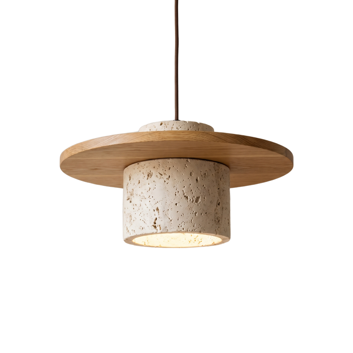 Edda Brim travertine and wood brim pendant light on a pure white background