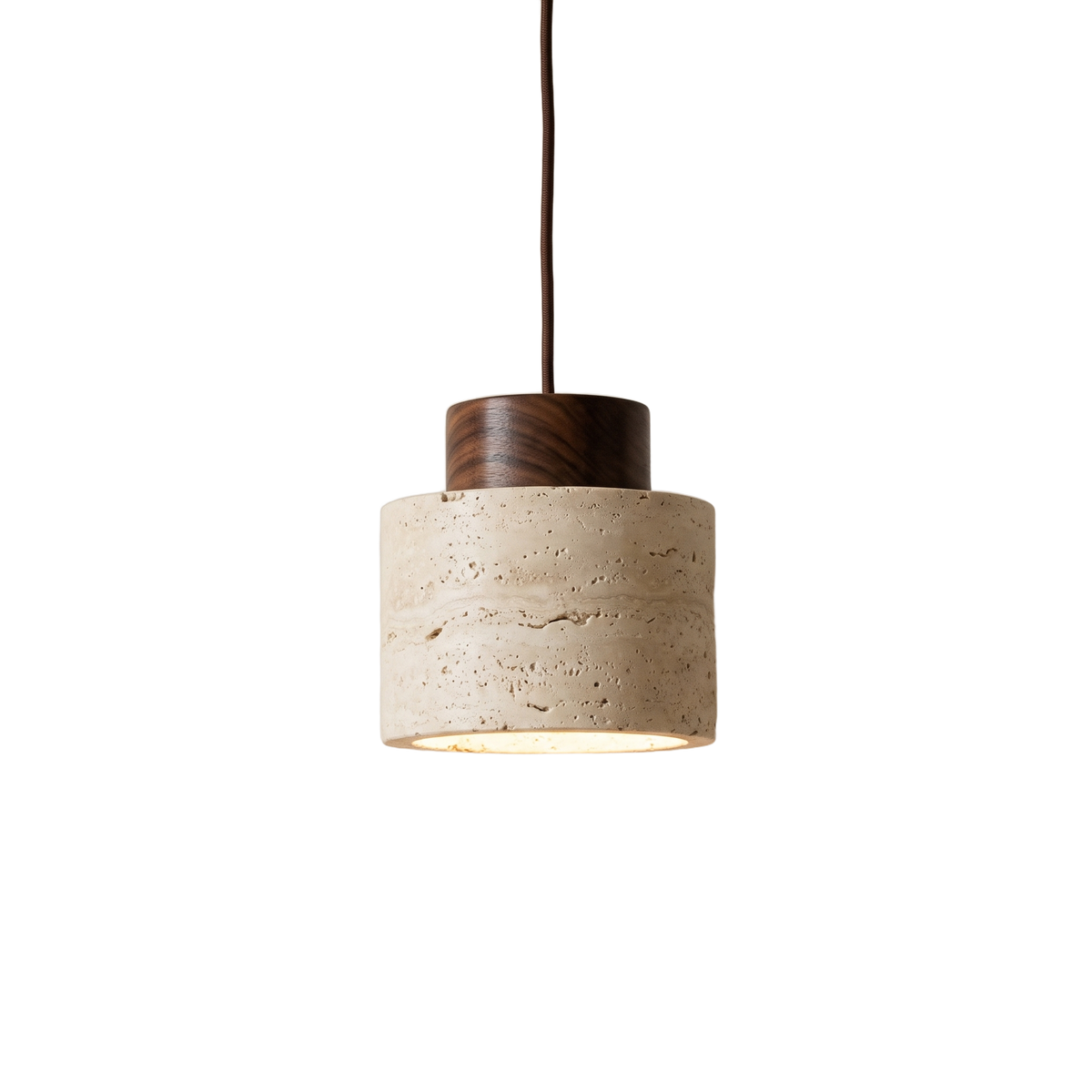 Edda Drum travertine and wood pendant light on a pure white background