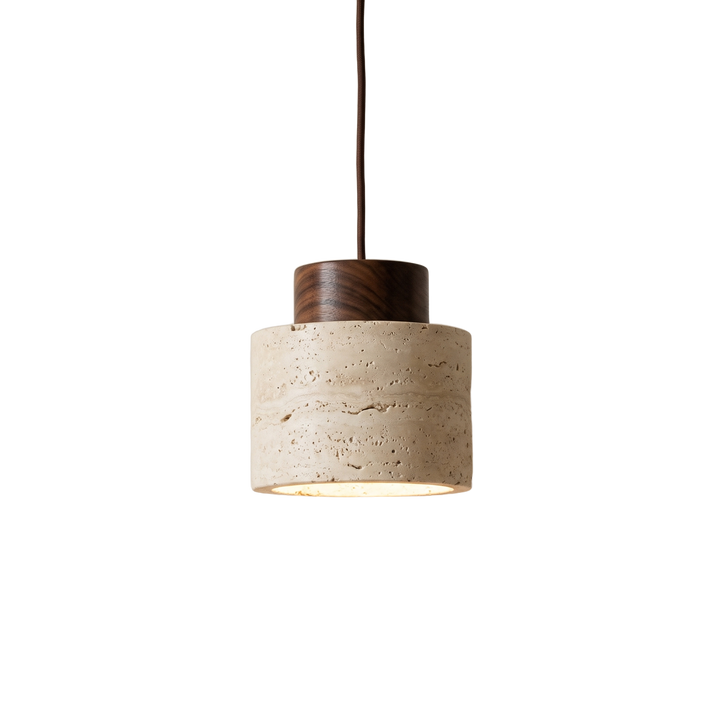 Edda Drum travertine and wood pendant light on a pure white background