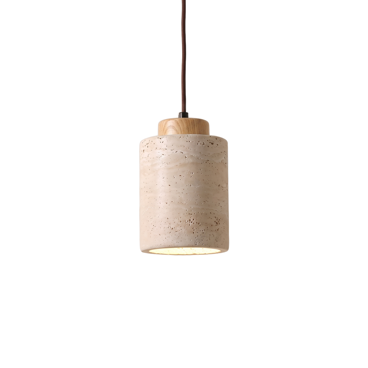 Edda Cylinder travertine and wood pendant light on a pure white background