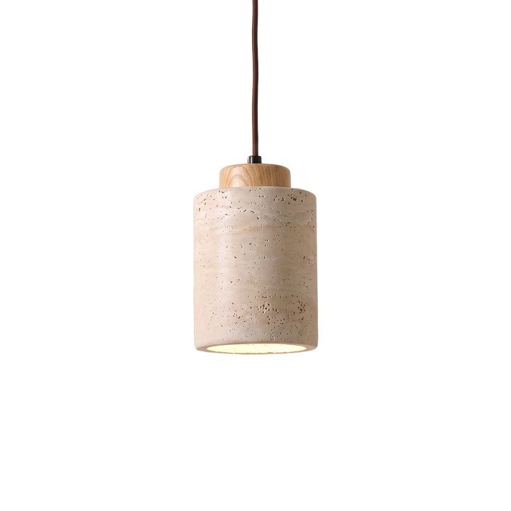 Edda Cylinder travertine and wood pendant light on a pure white background