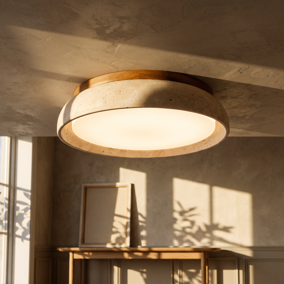 Orin travertine effect round flush mount ceiling light, 11.8 inch, lit in a compact entryway