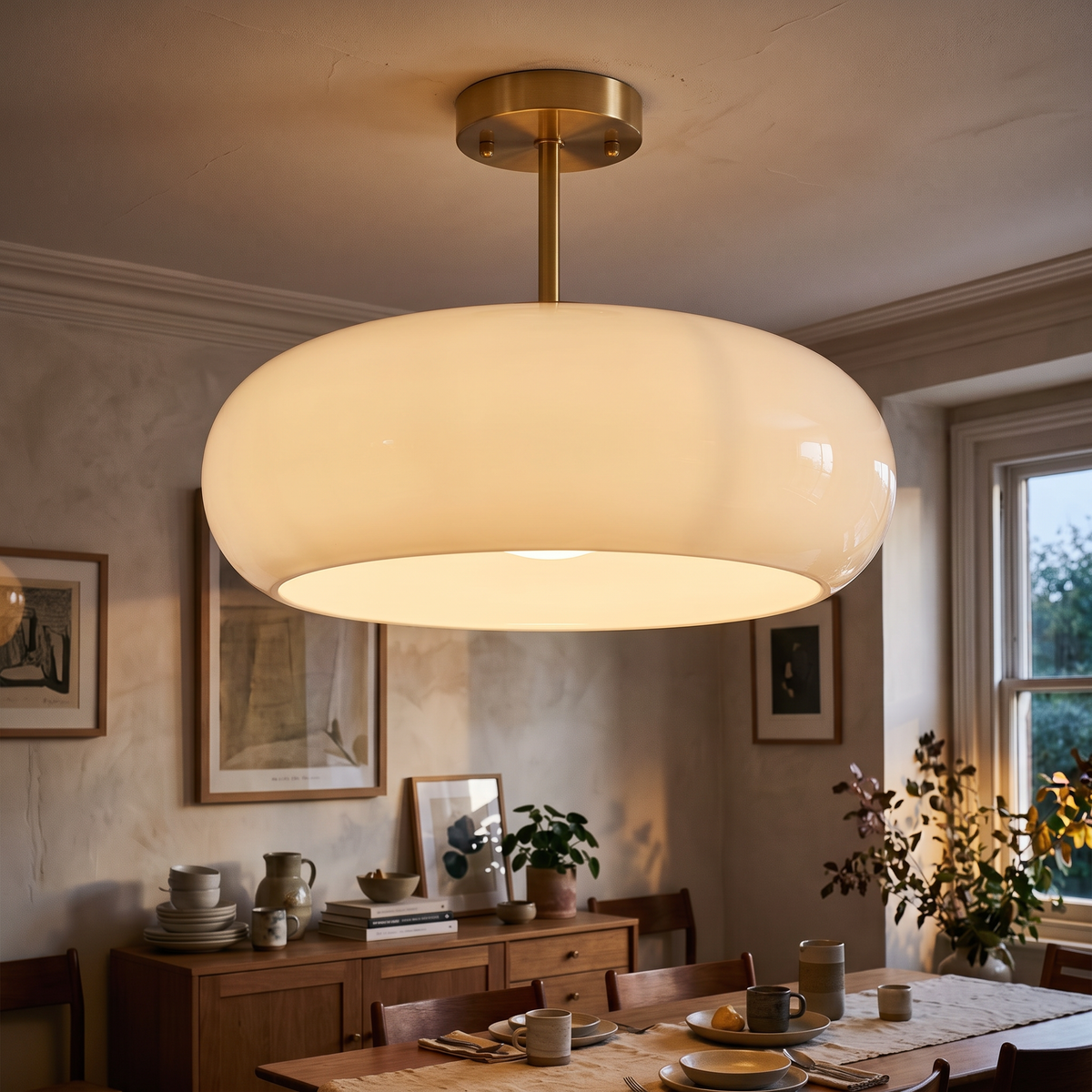 Greta hand blown white opal glass semi flush mount ceiling light with a brass canopy, lit above a dining table