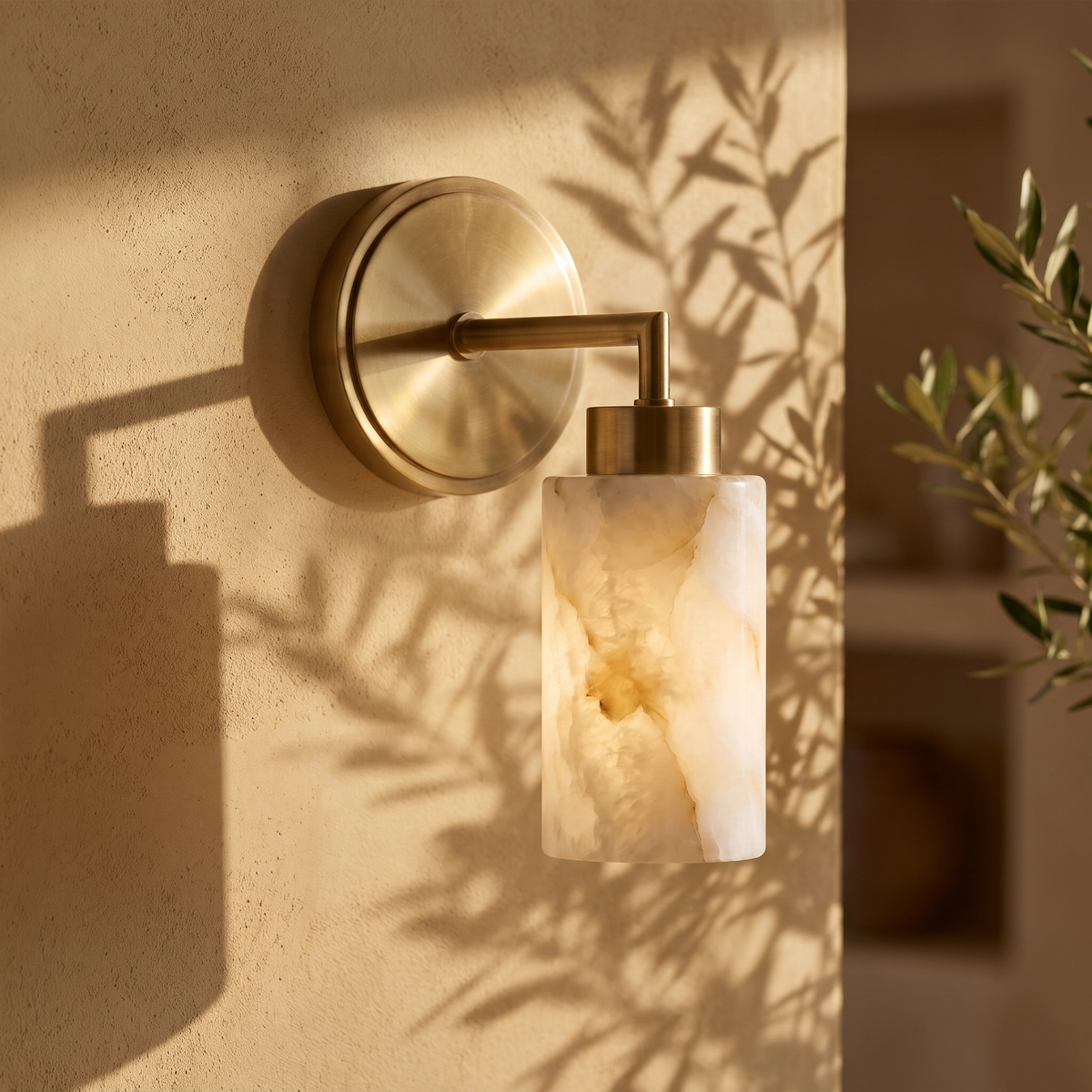 Tessara compact marble wall sconce in copper, lit on a plaster wall