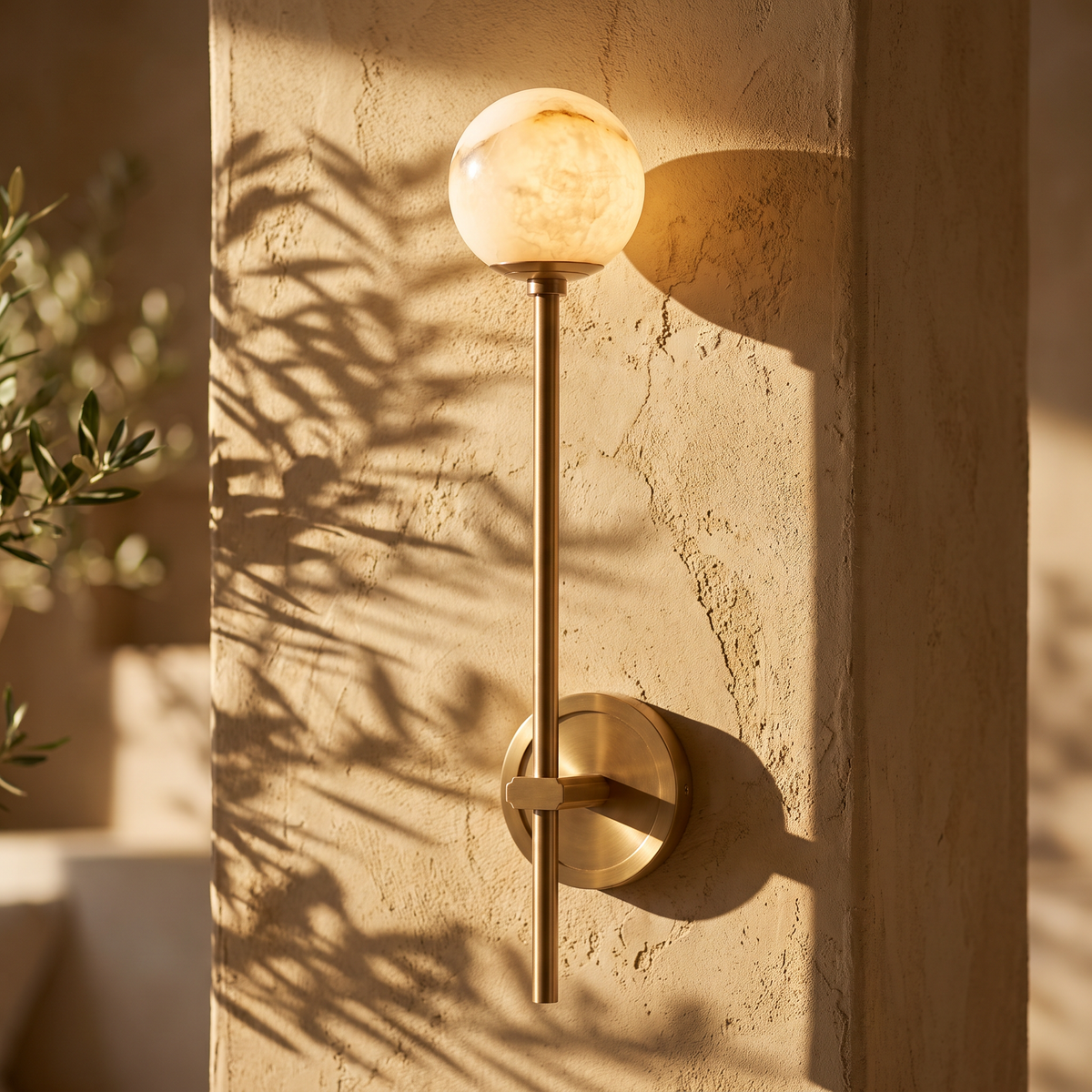 Orbella long arm marble sphere wall sconce, lit on a plaster wall