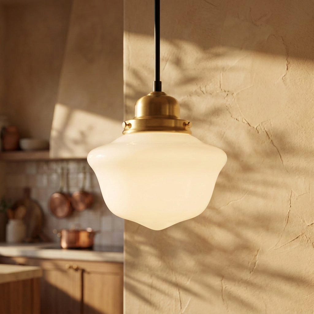 Vika rounded milk glass schoolhouse pendant light, lit in a kitchen