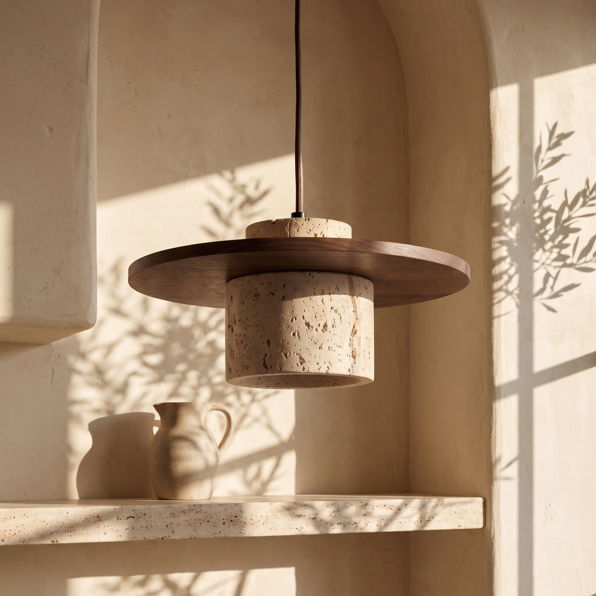 Edda Brim walnut travertine pendant light in a plaster kitchen nook