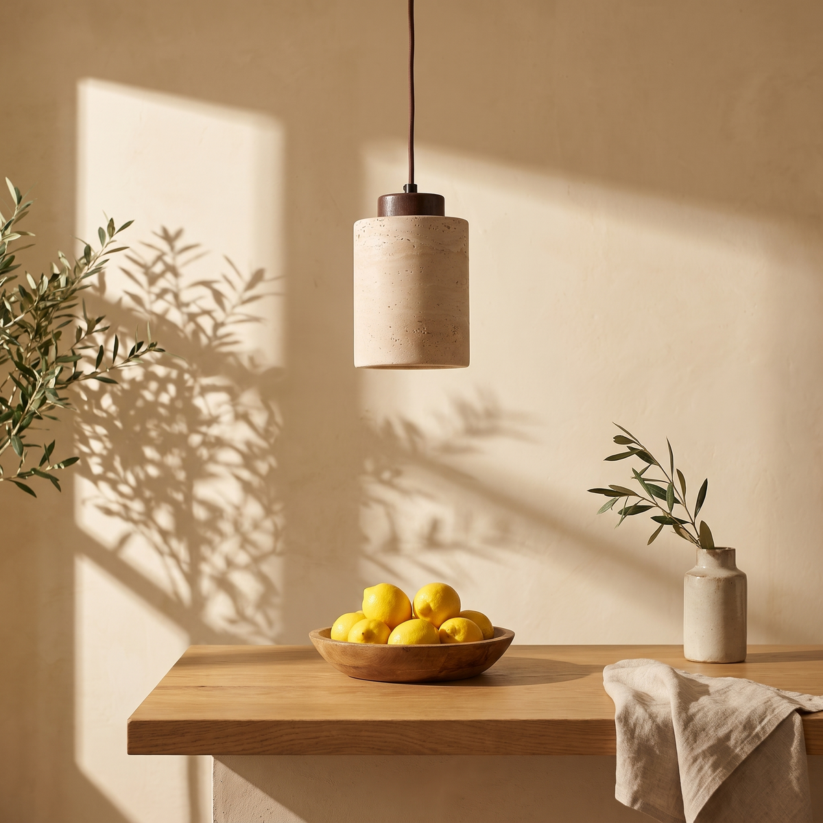 Edda Cylinder walnut travertine pendant light above an oak kitchen counter