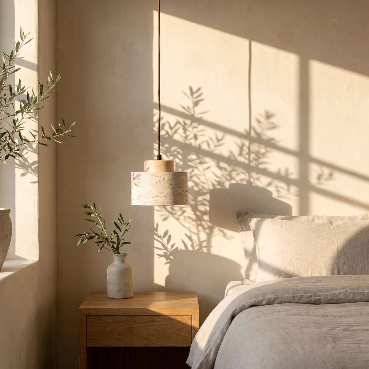 Edda Drum light wood travertine pendant light beside a linen dressed bed