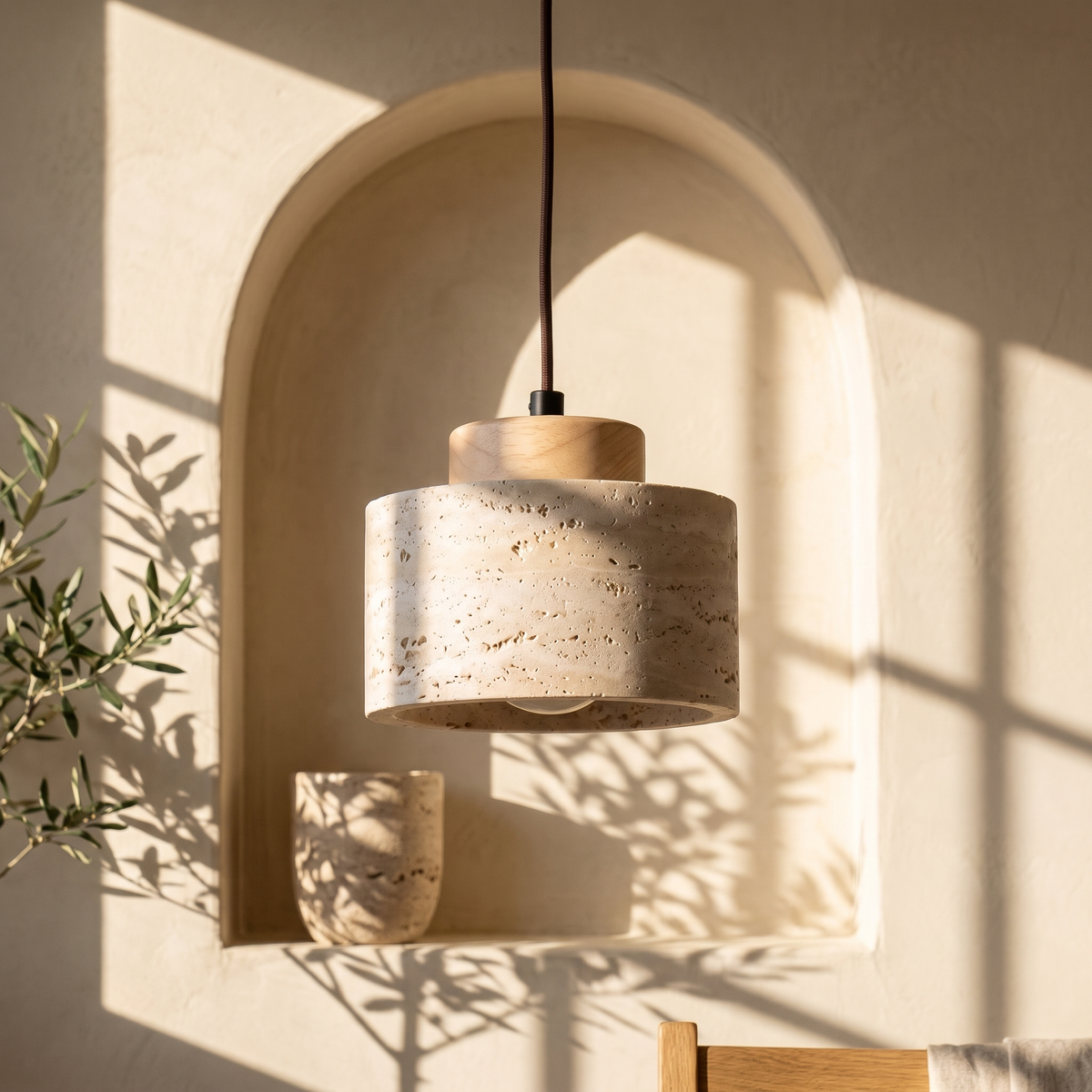 Edda Drum light wood travertine pendant light in front of an arched plaster niche
