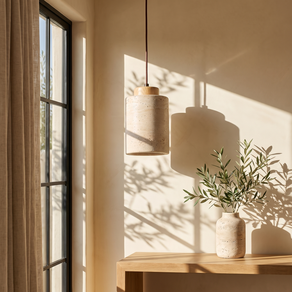Edda Cylinder light wood travertine pendant light in a sunlit hallway