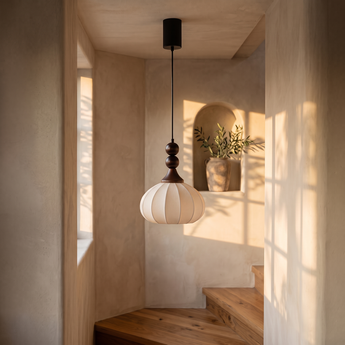 Lumeira ribbed silk and wood bead pendant light, fixed drop, in a plaster stairwell corner