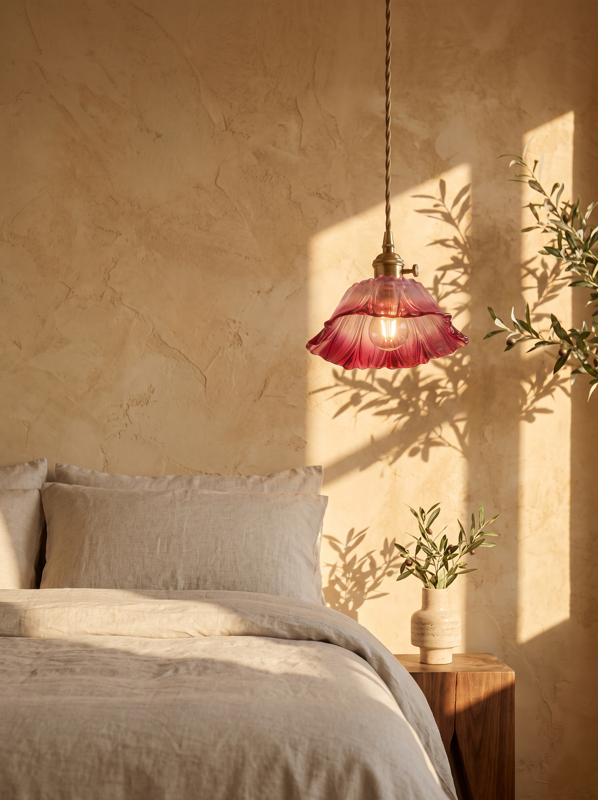 Fiorella pendant in dusty mauve beside a linen dressed bed